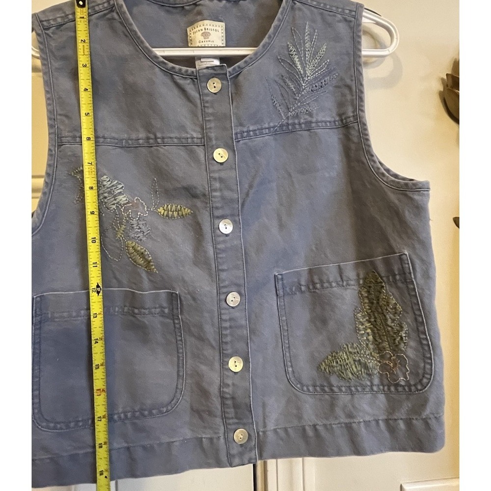 Vintage Susan Bristol Linen Blend Embroidered Vest Blue Cottagecore PM - Picture 3 of 7